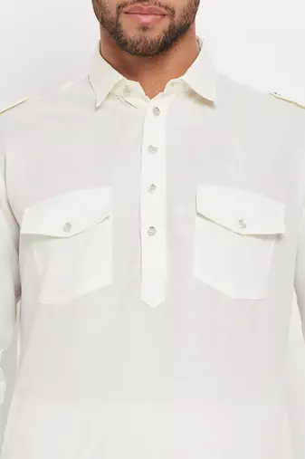 Cream And White Cotton Blend Kurta Pyjama Set