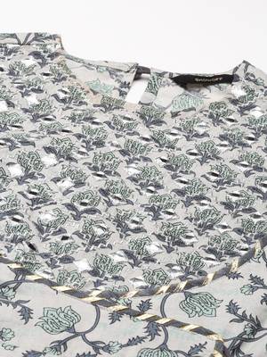 women's scoop neck ethnic motifs block print grey anarkali kurta and trouser with dupatta 2