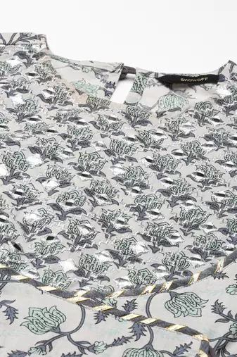 women's scoop neck ethnic motifs block print grey anarkali kurta and trouser with dupatta