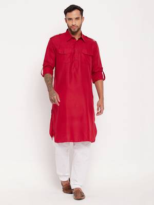 Maroon And White Cotton Blend Kurta Pyjama Set 1
