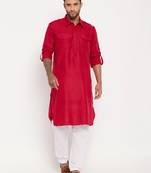 Men'S Maroon And White Cotton Blend Kurta Pyjama Set