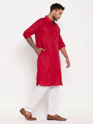 Maroon And White Cotton Blend Kurta Pyjama Set 2