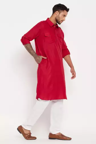 Maroon And White Cotton Blend Kurta Pyjama Set
