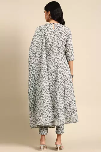 women's scoop neck ethnic motifs block print grey anarkali kurta and trouser with dupatta