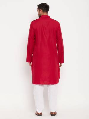 Maroon And White Cotton Blend Kurta Pyjama Set 3