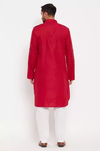 Maroon And White Cotton Blend Kurta Pyjama Set