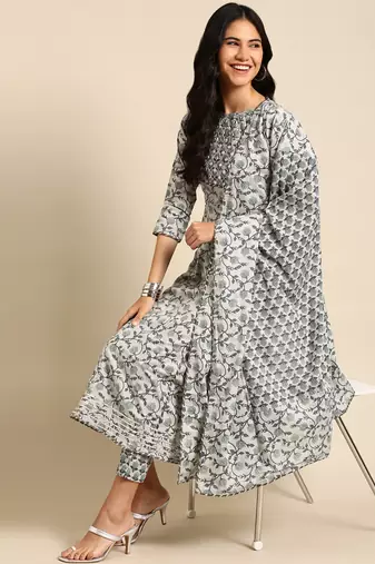 women's scoop neck ethnic motifs block print grey anarkali kurta and trouser with dupatta