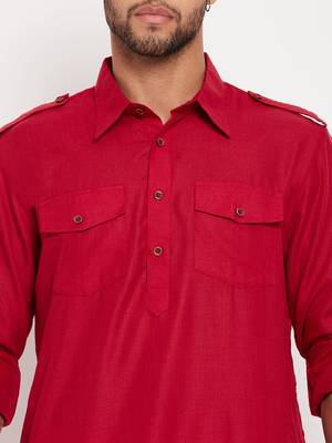 Maroon And White Cotton Blend Kurta Pyjama Set 4