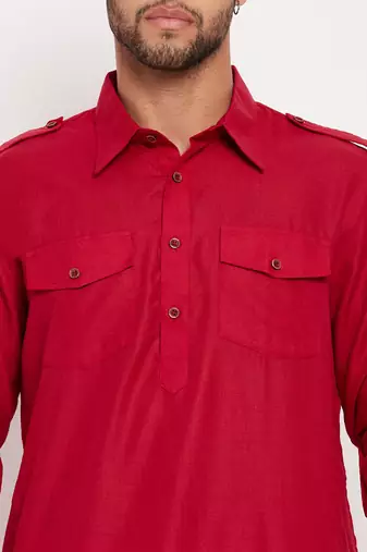 Maroon And White Cotton Blend Kurta Pyjama Set