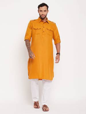 Rust And White Cotton Blend Kurta Pyjama Set 1
