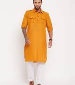 Rust And White Cotton Blend Kurta Pyjama Set