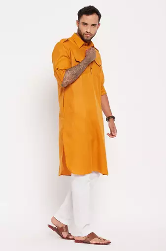 Rust And White Cotton Blend Kurta Pyjama Set