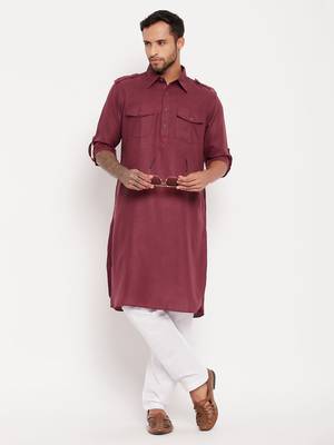 Purple And White Cotton Blend Kurta Pyjama Set 1