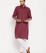 Purple And White Cotton Blend Kurta Pyjama Set
