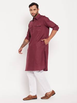 Purple And White Cotton Blend Kurta Pyjama Set 2