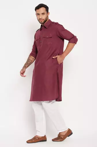 Purple And White Cotton Blend Kurta Pyjama Set
