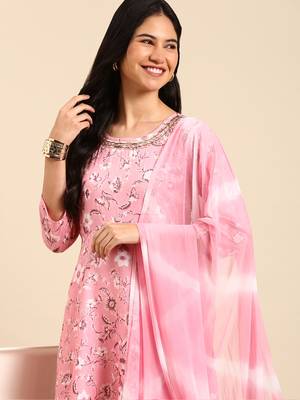 women's scoop neck floral foil print pink a-line kurta and trouser with dupatta 1