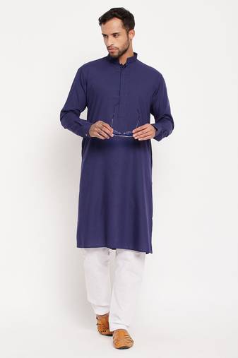 Men'S Blue And White Cotton Blend Kurta Pyjama Set