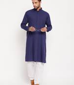 Men'S Blue And White Cotton Blend Kurta Pyjama Set