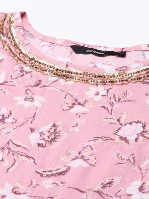 women's scoop neck floral foil print pink a-line kurta and trouser with dupatta 2