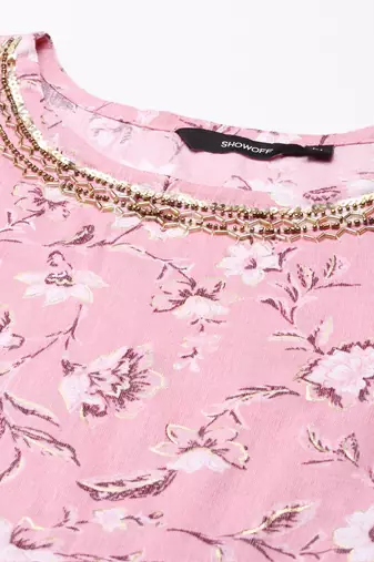 women's scoop neck floral foil print pink a-line kurta and trouser with dupatta