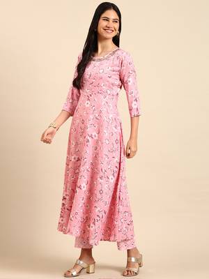 women's scoop neck floral foil print pink a-line kurta and trouser with dupatta 3