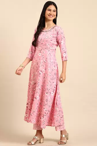 women's scoop neck floral foil print pink a-line kurta and trouser with dupatta
