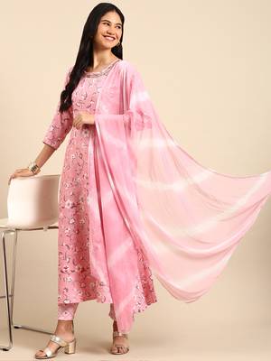 women's scoop neck floral foil print pink a-line kurta and trouser with dupatta 4