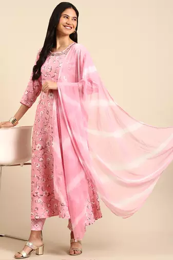 women's scoop neck floral foil print pink a-line kurta and trouser with dupatta
