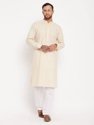 Men'S Cream And White Cotton Blend Kurta Pyjama Set 1