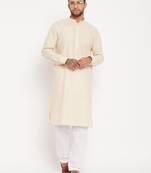 Men'S Cream And White Cotton Blend Kurta Pyjama Set