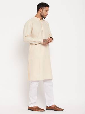 Men'S Cream And White Cotton Blend Kurta Pyjama Set 2