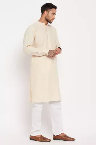Men'S Cream And White Cotton Blend Kurta Pyjama Set