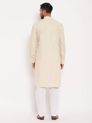Men'S Cream And White Cotton Blend Kurta Pyjama Set 3