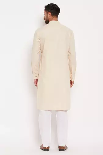 Men'S Cream And White Cotton Blend Kurta Pyjama Set
