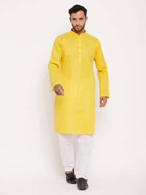 Yellow And White Cotton Kurta Pyjama Set 1