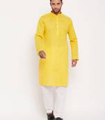 Men'S Yellow And White Cotton Kurta Pyjama Set