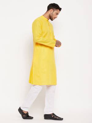 Yellow And White Cotton Kurta Pyjama Set 2