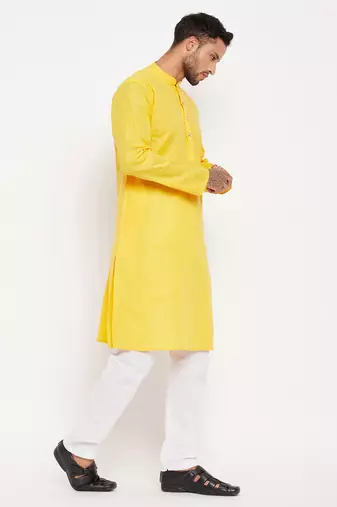 Yellow And White Cotton Kurta Pyjama Set