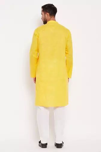 Yellow And White Cotton Kurta Pyjama Set