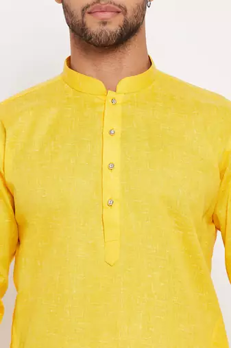 Yellow And White Cotton Kurta Pyjama Set
