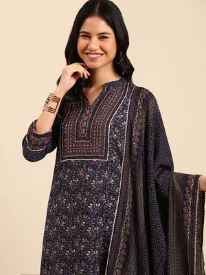 women's mandarin collar floral navy blue straight kurta and trouser with dupatta 1
