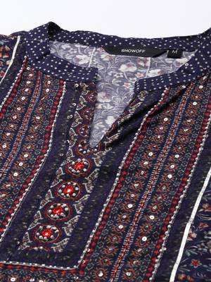 women's mandarin collar floral navy blue straight kurta and trouser with dupatta 2