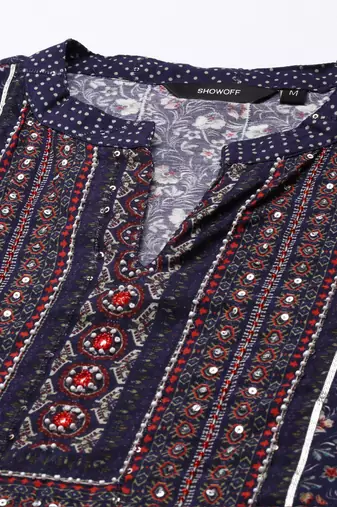 women's mandarin collar floral navy blue straight kurta and trouser with dupatta
