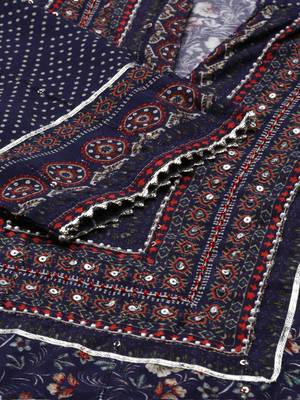 women's mandarin collar floral navy blue straight kurta and trouser with dupatta 3