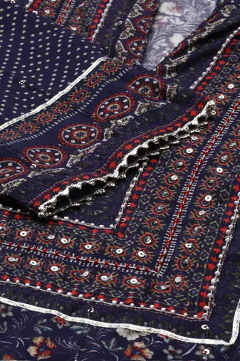 women's mandarin collar floral navy blue straight kurta and trouser with dupatta