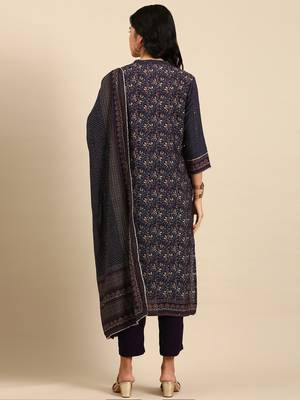 women's mandarin collar floral navy blue straight kurta and trouser with dupatta 4