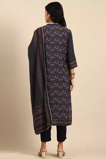 women's mandarin collar floral navy blue straight kurta and trouser with dupatta
