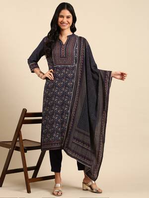 women's mandarin collar floral navy blue straight kurta and trouser with dupatta 5