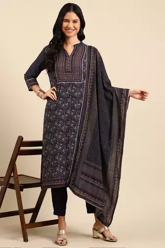 women's mandarin collar floral navy blue straight kurta and trouser with dupatta